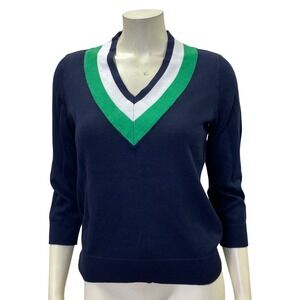 Chaps Women's V Neck Sweater Navy Green White Striped Trim 3/4 Sleeve Size M NWT